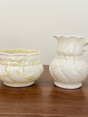 Belleek Vintage Yellow Ribbon Creamer & Sugar Bowl Set Ireland Green 4th Mark